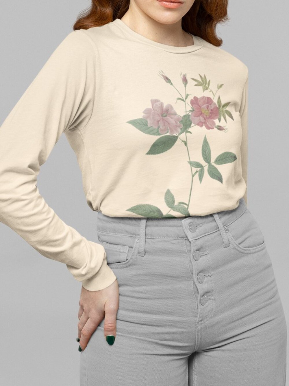 Rose Vintage Floral Print Long Sleeve Graphic Tee T-shirt S-XXL